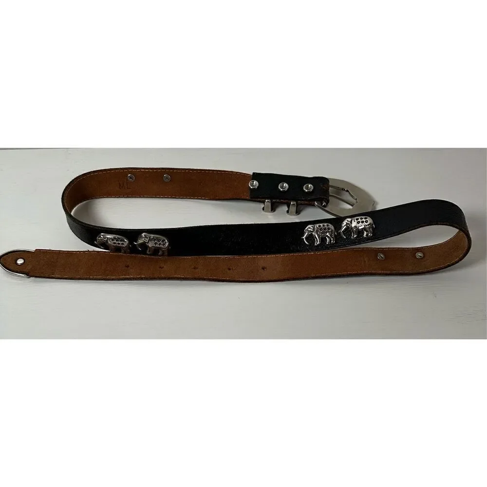 Elephant black 2” genuine leather women’s belt silver buckle size M/L #M-1573